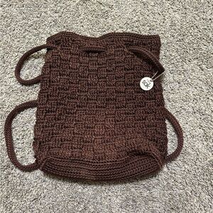 THE SAK women’s Brown Crochet Bucket Bag Backpack Drawstring Tote Purse w/charm‎